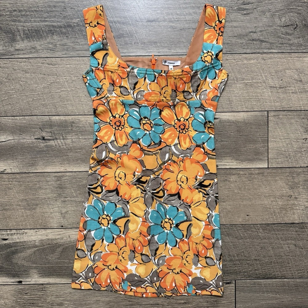 Miaou Vivi Parisian Orange Flowers‎ Floral Bodycon Mini Dress Size XS Boho Y2K